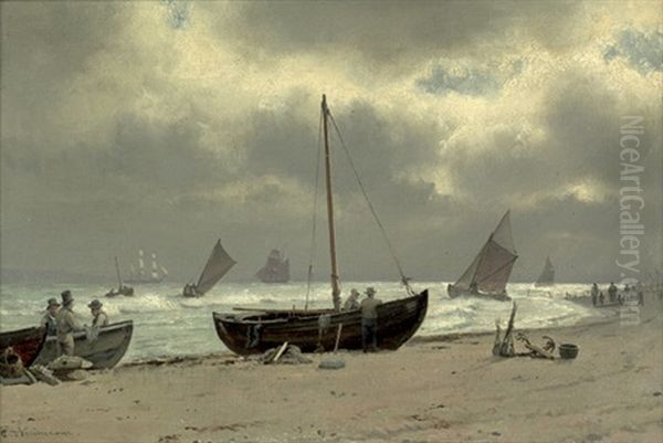 Fischerboote Mit Fischern Am Strand Oil Painting by Carl Johann Neumann