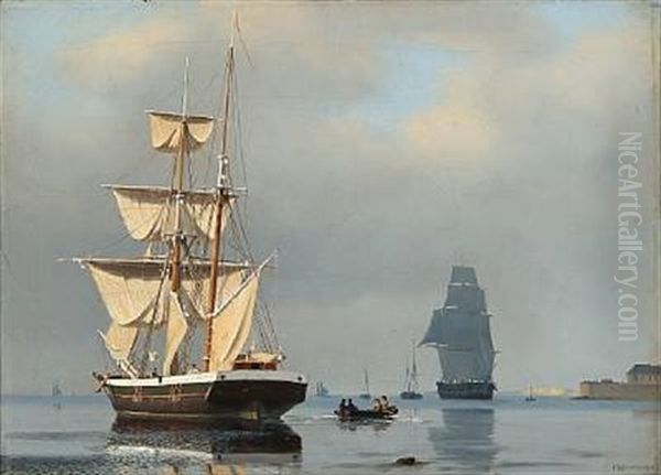 Quiet Afternoon With Sailing Ships On A Roadstead Oil Painting by Carl Johann Neumann