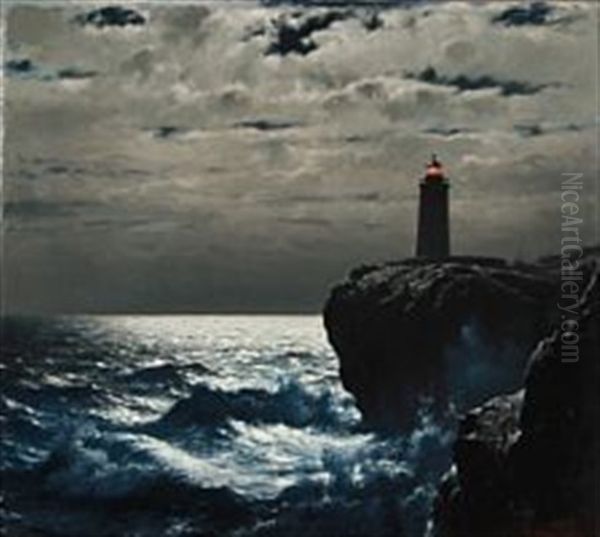 Rocky Coast With A Lighthouse That Lights In The Moonlight Oil Painting by Carl Johann Neumann