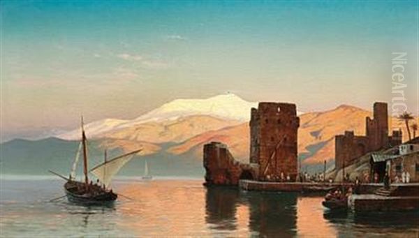 Evening Atmosphere In A Harbour (northern Africa?) Oil Painting by Carl Johann Neumann