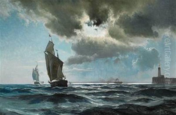 Seascape With Ships Near A Pier At Night Oil Painting by Carl Johann Neumann