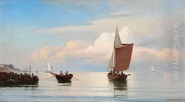 Coastal Scene With Fishermen In Sailing Boats Oil Painting by Carl Johann Neumann