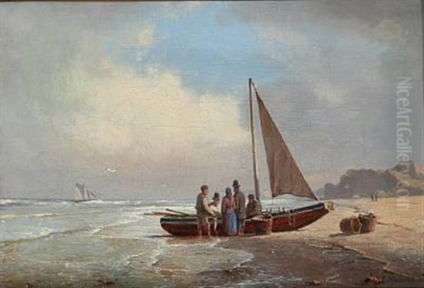 Coastal Scene With A Fishing Boat On The Beach Oil Painting by Carl Johann Neumann