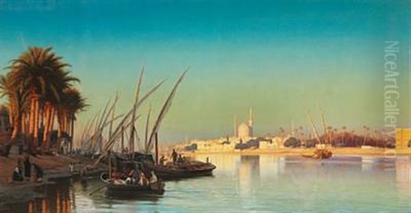 Aften Pa Nilen Ved Cairo (evening On The Nile Near Cairo) Oil Painting by Carl Johann Neumann