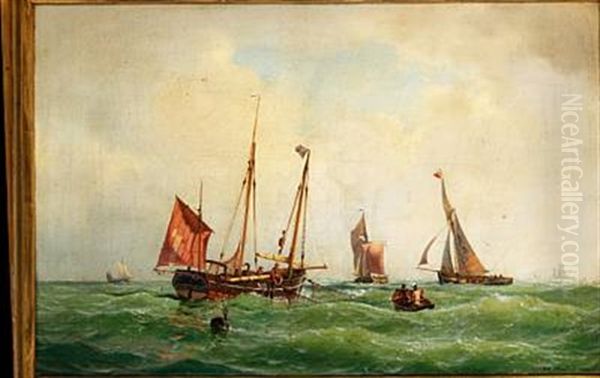 Fishing Boats At Sea Oil Painting by Carl Johann Neumann