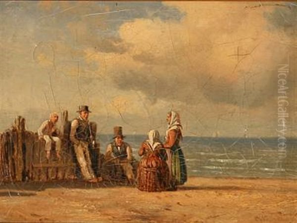 Beach Scene With Fishing People Enjoying The Weather Oil Painting by Carl Johann Neumann