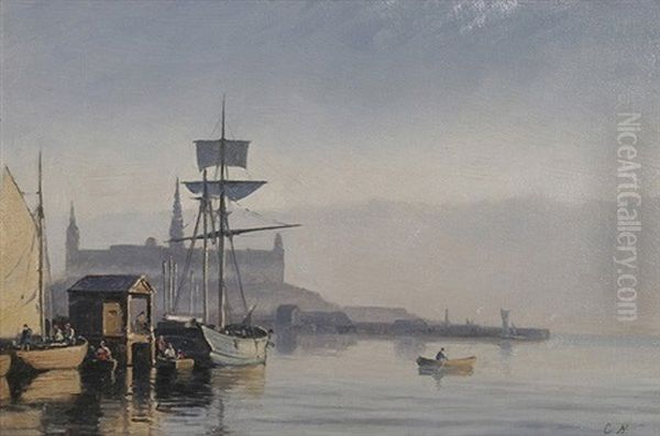 Hafen Mit Fischerbooten Und Segelschiff Im Morgenlicht Oil Painting by Carl Johann Neumann