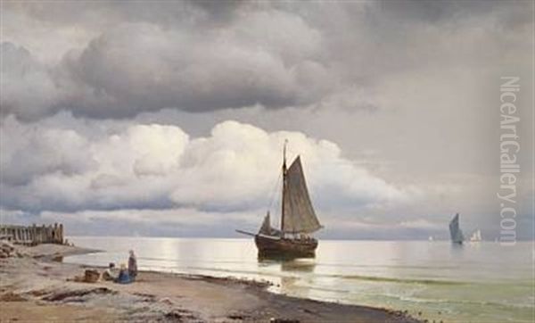 Calm Evening With Fishing Vessels Homeward Bound And Little Children Playing On The Beach Oil Painting by Carl Johann Neumann