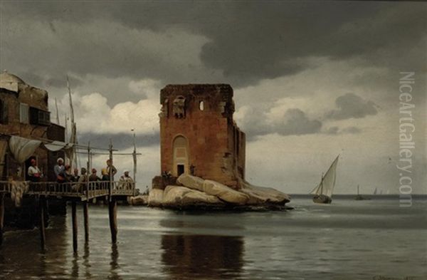 Ved Tolboden I Beyroeth: Scene Of A Harbour With A Toll Port, Beirut Oil Painting by Carl Johann Neumann