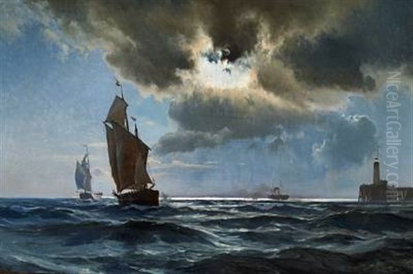 Ships Off The Coast By Night Oil Painting by Carl Johann Neumann