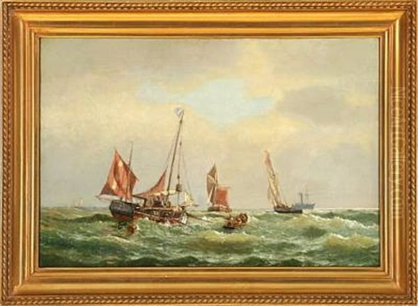 Marine With Fishing Boats And Others Ships On Open Sea Oil Painting by Carl Johann Neumann