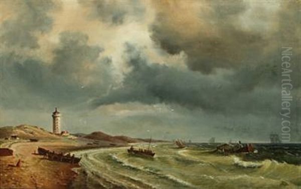 A Storm Brewing Near The Light Of Skagen Oil Painting by Carl Johann Neumann