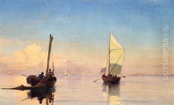 Fishing Boats In The Morning Light Off Copenhagen Oil Painting by Carl Johann Neumann