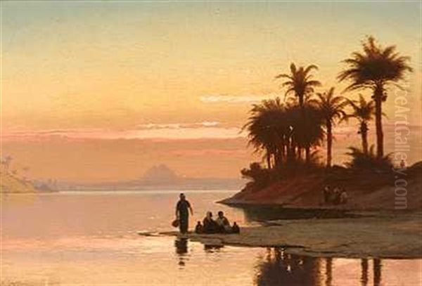 Folkeliv Ved Nilen Ved Solnedgang, I Horisonten Ses Pyramiderne Oil Painting by Carl Johann Neumann