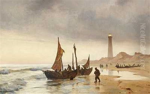 Fiskere Ved Deres Bade Pa Skagen Strand, I Baggrunden Lyser Det Gra Fyr Oil Painting by Carl Johann Neumann