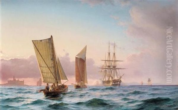 A Danish Frigate Firing A Salute Oil Painting by Carl Johann Neumann