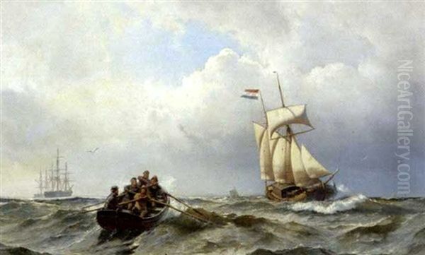 Hollandsk Sejlskib I Kanalen En Overskyet Blaesevejrsdag Oil Painting by Carl Johann Neumann