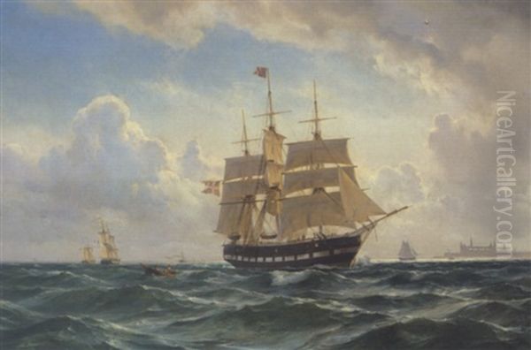 Sejlskibe I Sundet Ud For Kronborg Oil Painting by Carl Johann Neumann