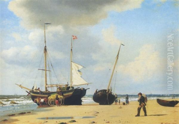 Sommerdag Pa Stranden Ved Fano Med Optrukne Bade, Figurer Og Studekoretoj Oil Painting by Carl Johann Neumann