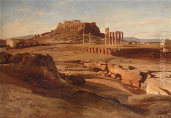 View Of The Acropolis From The Elissos River Oil Painting by Carl Johann Neumann