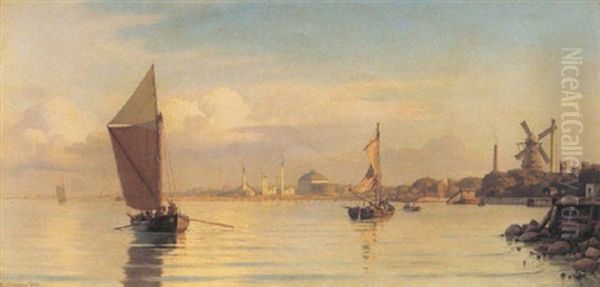 Parti Fra Kobenhavns Havn I Stille Vejr Med Oster Gasvaerk Og Mastekranen I Baggrunden Oil Painting by Carl Johann Neumann