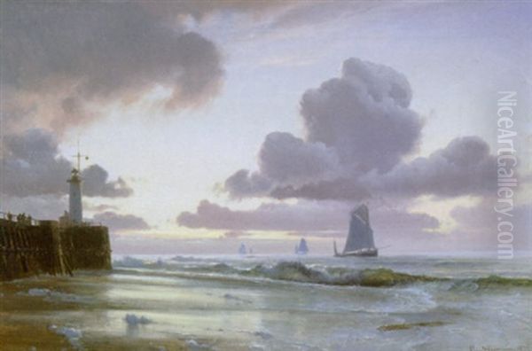 Kystparti Med Sejlskibe Ud For Mindre Fyr Oil Painting by Carl Johann Neumann