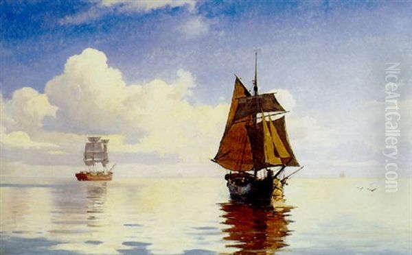 Marine Med Sejlskibe Oil Painting by Carl Johann Neumann