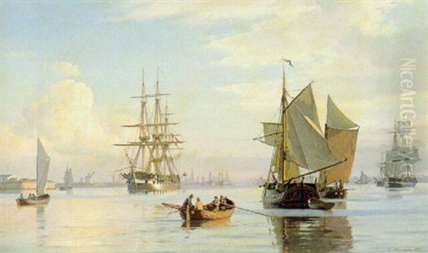 Parti Fra Kobenhavns Havn I Stille Vejr Med Sol Oil Painting by Carl Johann Neumann