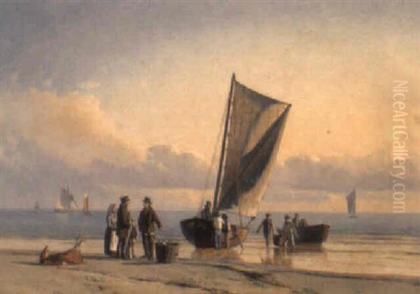 Strandparti Med Hjemvendte Fiskere Oil Painting by Carl Johann Neumann