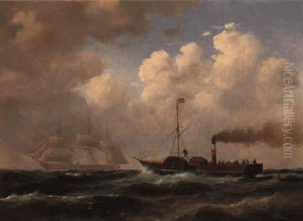 Marine Med Hjuldamperen 'robert' Og Fregatten 'jylland' Oil Painting by Carl Johann Neumann