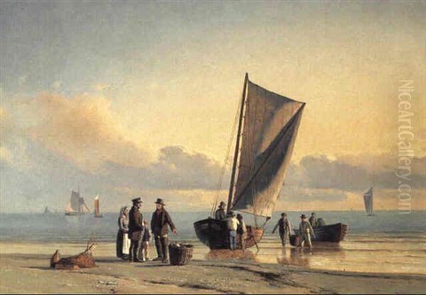 Strandparti Med Hjemvendende Fiskere Oil Painting by Carl Johann Neumann