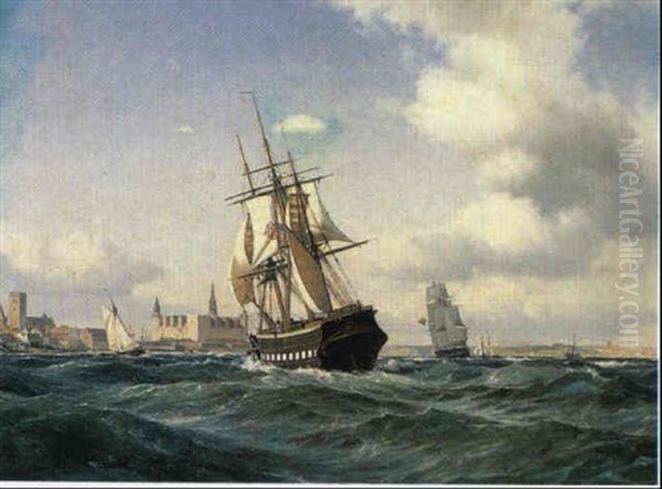 Marine Med Sejlskibe Ud For Kronborg Oil Painting by Carl Johann Neumann