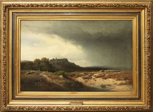 Grosformatige Landschaftsdarstellung Mit Einem Schafhirten Und Seiner Herde Bei Aufziehendem Gewitter Oil Painting by Emil (Friedrich) Neumann