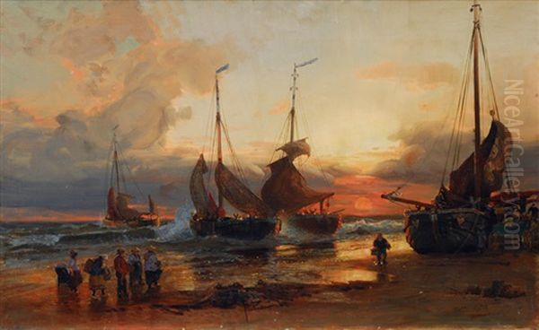 Fishing Boats On The Shore Oil Painting by Emil (Friedrich) Neumann