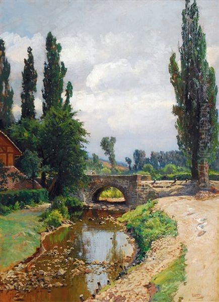 Riverbridge At Sandershausen Oil Painting by Emil (Friedrich) Neumann