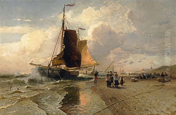 Fischmarkt Am Strand Vor Scheveningen Oil Painting by Emil (Friedrich) Neumann