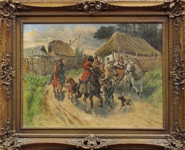 Russian Cossacks Rounding Up Livestock Oil Painting by Fritz Neumann