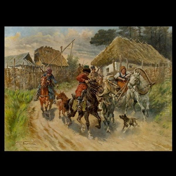 Cossacks In Village Oil Painting by Fritz Neumann