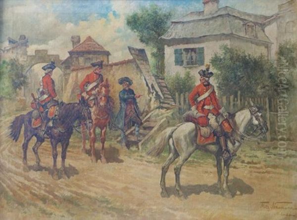 Soldiers In A Village Oil Painting by Fritz Neumann