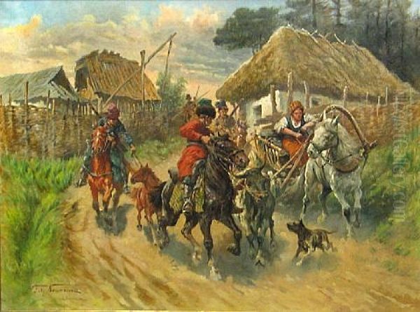 Cossacks In A Village Oil Painting by Fritz Neumann