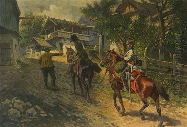 Tiroler Dorf An Einem Sommertag. Bauer Zeigt Berittenem Offizier Und Kavallerist Den Weg Oil Painting by Fritz Neumann