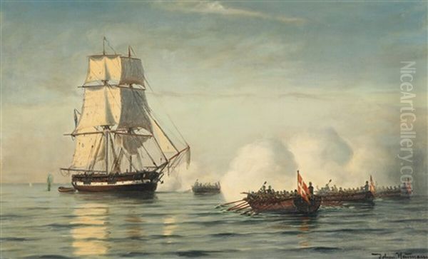 Battle Scenery Between Danish Canonboats An An English Brig Between 1807-1814 Oil Painting by Johan Jens Neumann