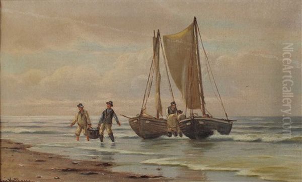 Zwei Fischerboote Am Strand Mit Fischern Beim Ausladen Ihres Fangs Oil Painting by Johan Jens Neumann