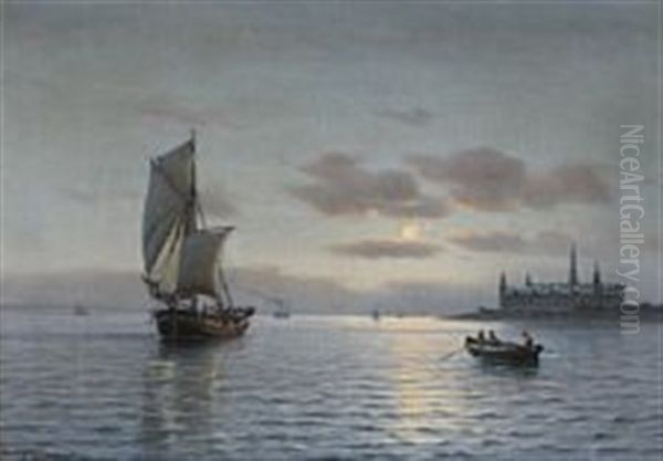 A Evening At Oresund With Kronborg Castle In The Background Oil Painting by Johan Jens Neumann