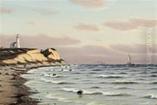 Danish Costal Scenry With Vesborg Lighthouse Oil Painting by Johan Jens Neumann