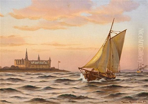 Das Malerische Seestuck Mit Einem Segelschiff Im Vordergrund Gibt Den Blick Frei Auf Die Festung Schloss Kronborg Auf Der Danischen Insel Seeland Oil Painting by Johan Jens Neumann