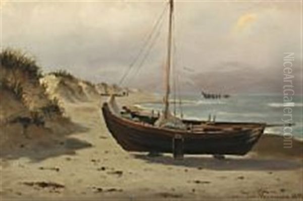 Coastal Scene With Fishing Boat Oil Painting by Johan Jens Neumann