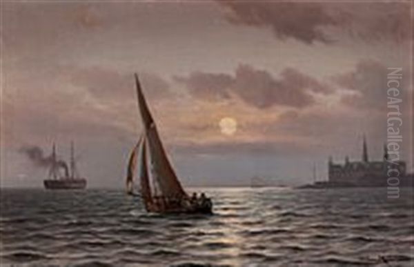 Sailing Ships Out Shore Kronborg Castle In Denmark by Johan Jens Neumann