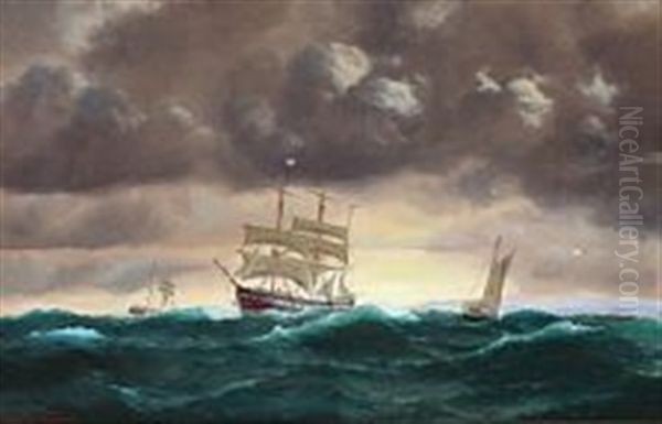 Seascape With Sailing Ships In Stormy Weather Oil Painting by Johan Jens Neumann