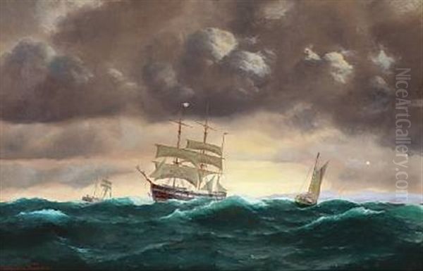 Seascape With Sailing Ships In Stormy Weather Oil Painting by Johan Jens Neumann